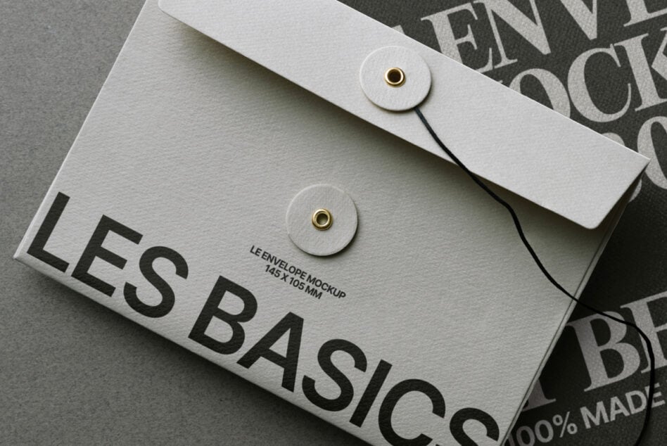 Cream envelope with brass closure on stacked branded documents showing design system application