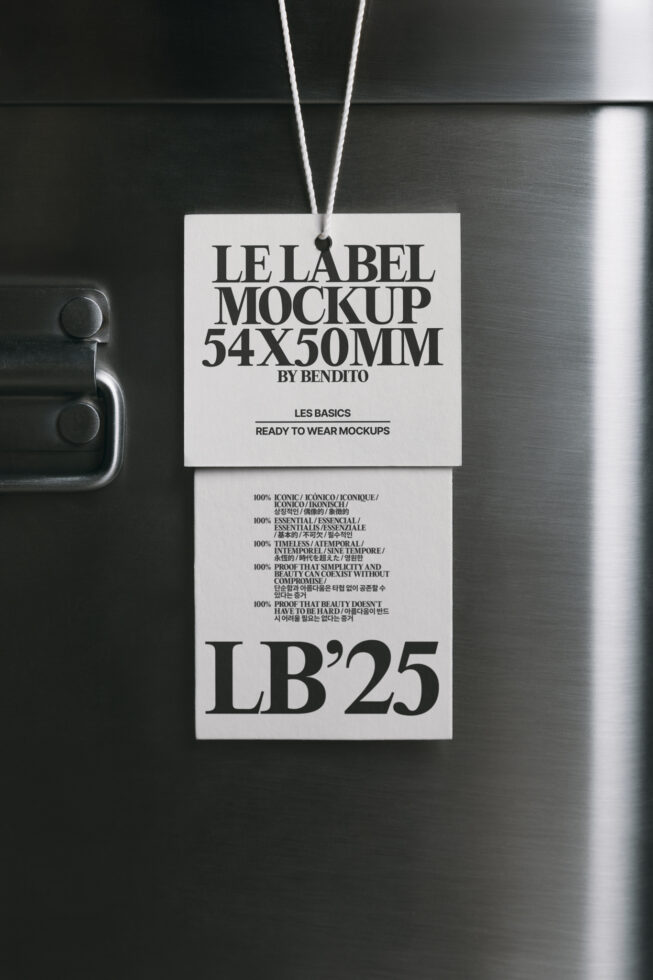 White hanging tag mockup suspended against brushed metal background