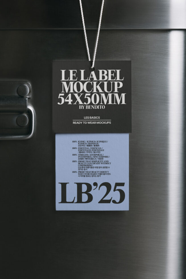 Dark hanging label mockup on metallic surface with light blue accent section