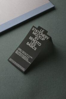 Overhead shot of black tag mockup on green surface with blue stripe backdrop