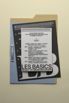 Manila folder with blue paper insert showing Les Basics ready-to-wear mockup presentation