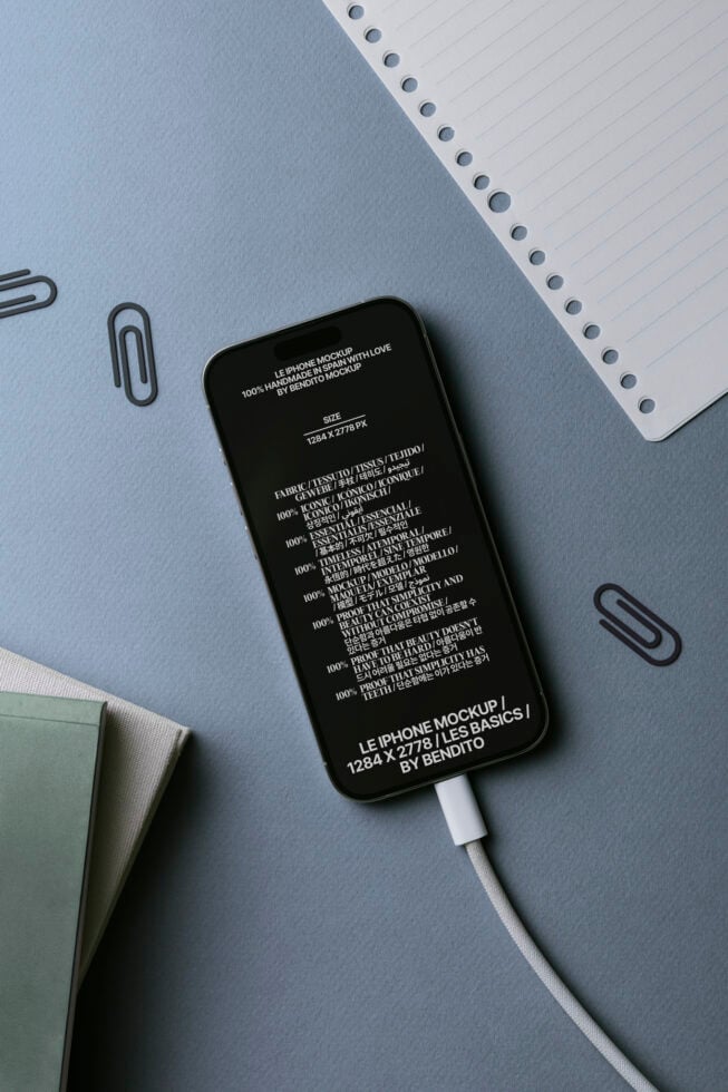 Black phone mockup on blue notepad with cables, paperclips, notebook nearby