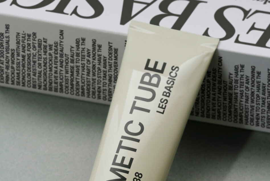 Cream METIC TUBE cosmetic product mockup positioned with printed materials nearby
