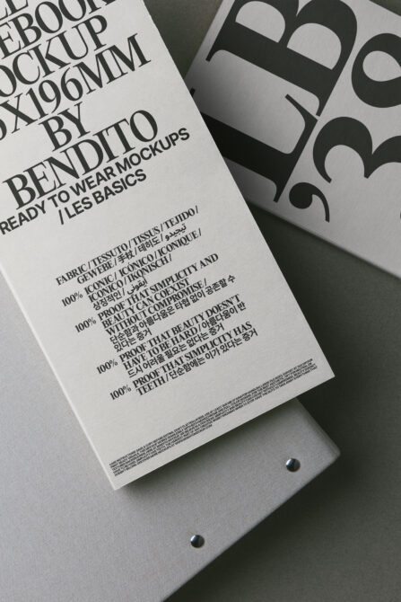 BENDIT ebook mockup with multilingual text on cream paper next to dark patterned box