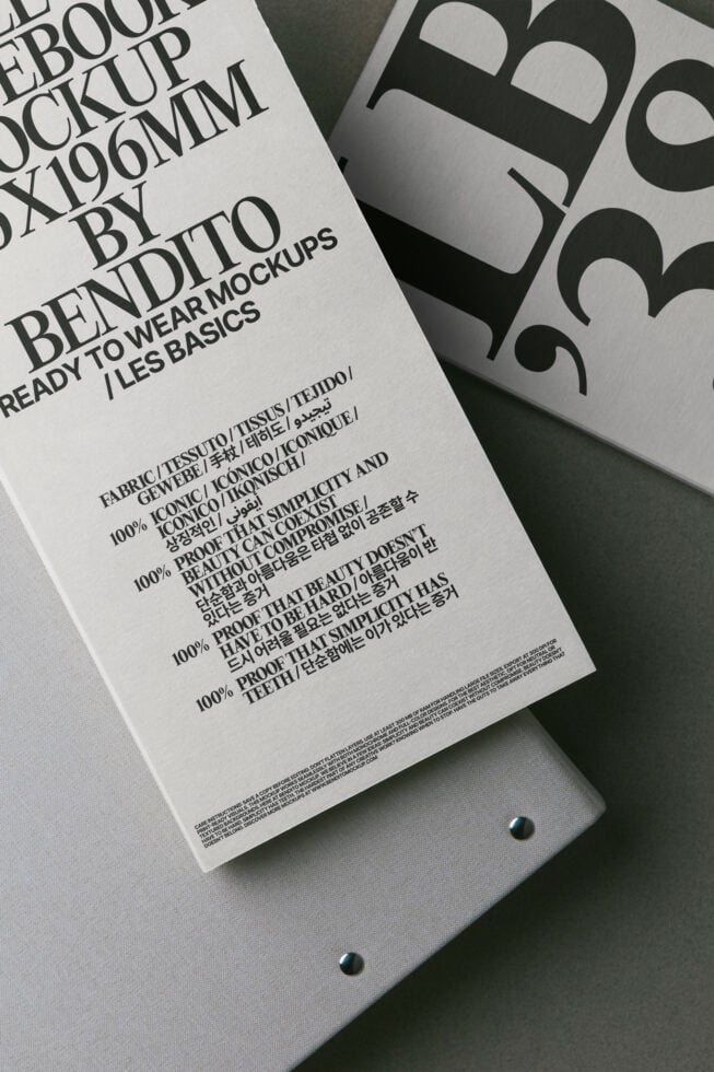 BENDIT ebook mockup with multilingual text on cream paper next to dark patterned box