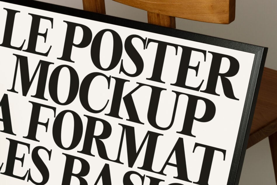 Angled view of framed poster mockup with serif typeface on cream background
