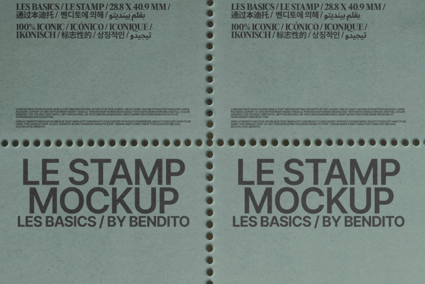 Tear sheet stamp mockup in sage tone with two stamps, multilingual text displayed