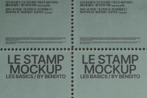 Tear sheet stamp mockup in sage tone with two stamps, multilingual text displayed