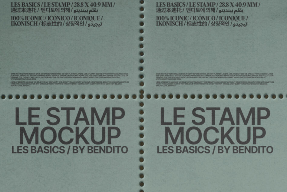 Tear sheet stamp mockup in sage tone with two stamps, multilingual text displayed