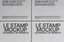 Two attached stamp mockups on white perforated sheet with centered typography