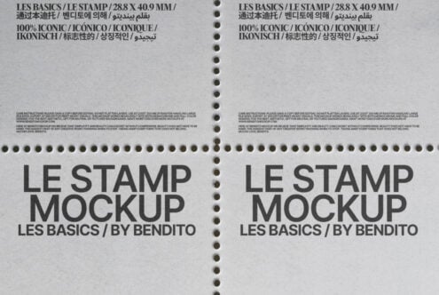 Two attached stamp mockups on white perforated sheet with centered typography