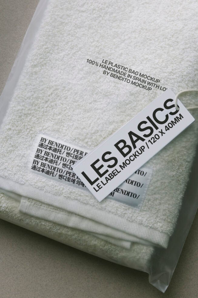 Cream textile mockup with white woven label on fabric surface