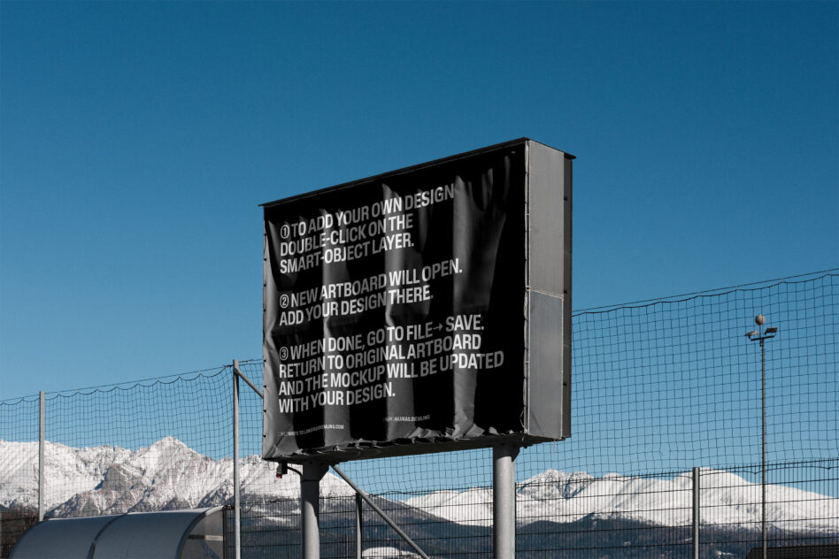 Black billboard with white instructional text about adding custom designs to mockup
