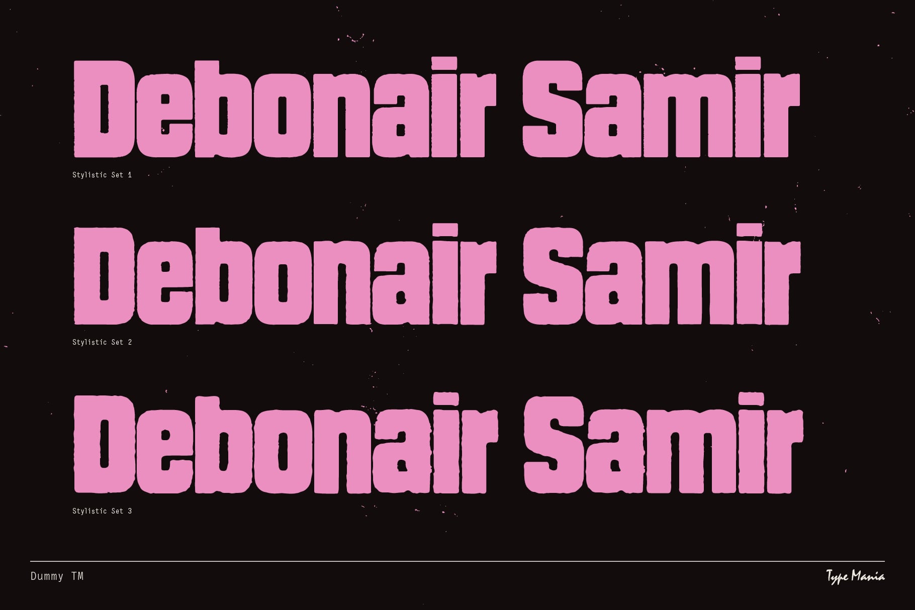 Debonair Samir font shown in three stylistic variations on black background