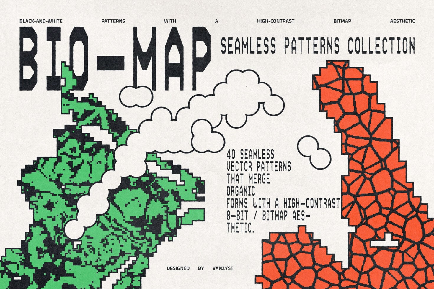 Bio-map collection cover with pixelated green shape, clouds, cracked texture