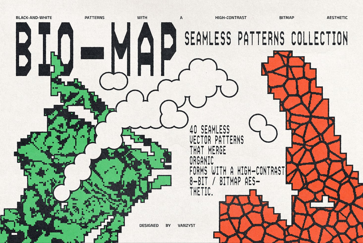 Bio-map collection cover with pixelated green shape, clouds, cracked texture