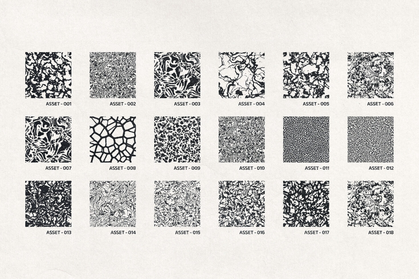 Grid of 18 black seamless patterns ranging from organic to geometric