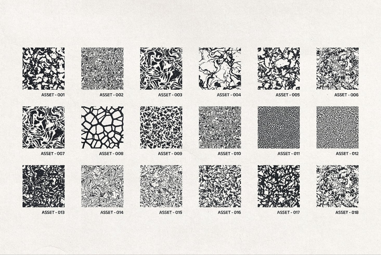 Grid of 18 black seamless patterns ranging from organic to geometric
