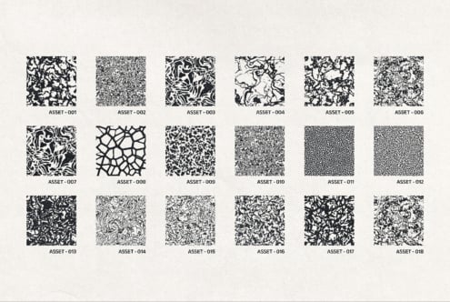 Grid of 18 black seamless patterns ranging from organic to geometric