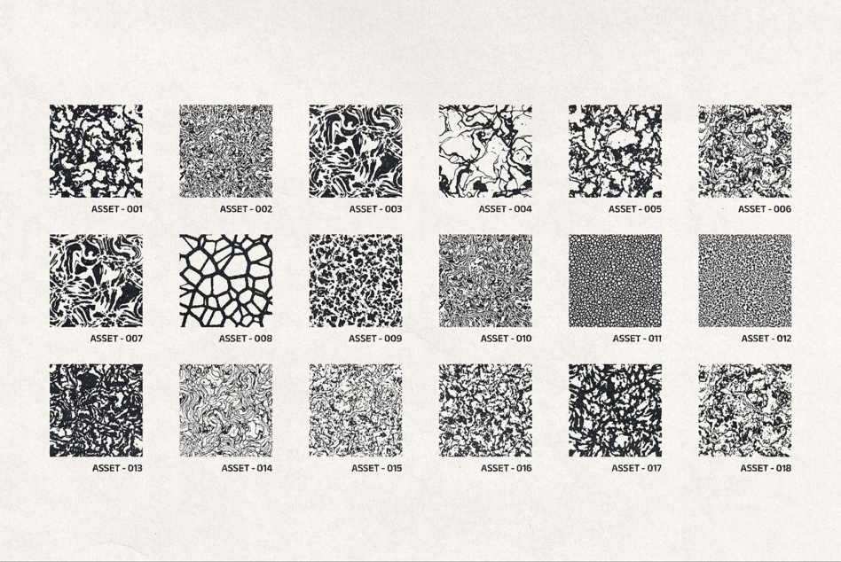 Grid of 18 black seamless patterns ranging from organic to geometric