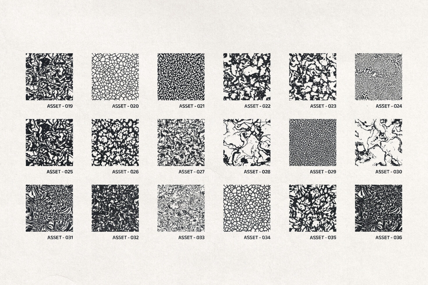 Grid of 18 black seamless patterns ranging from organic to geometric