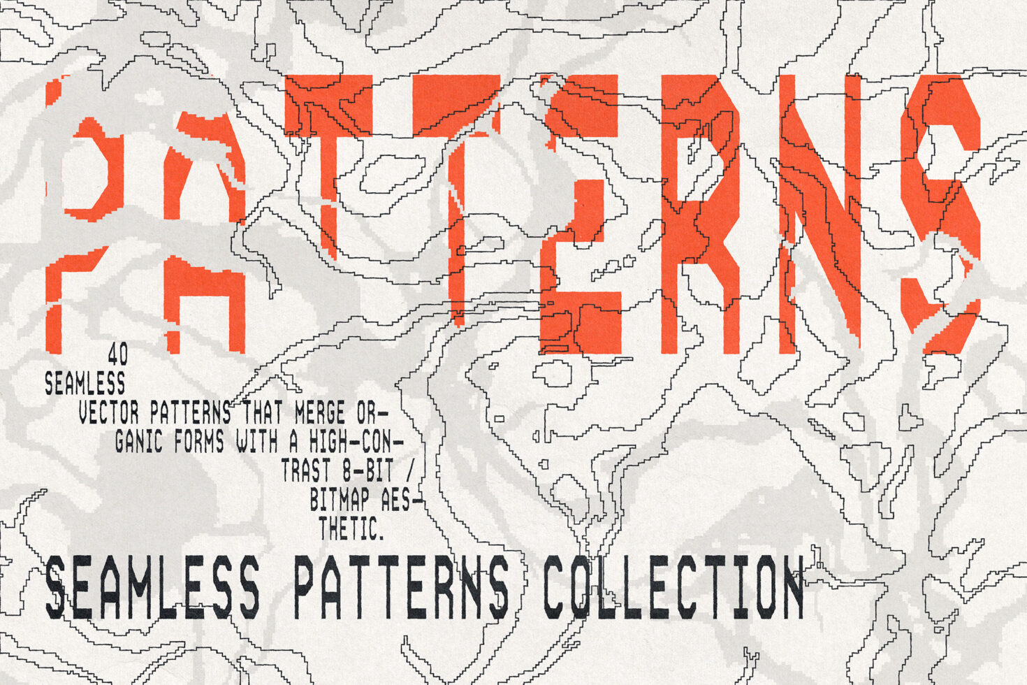 40 seamless vector patterns with organic forms on pixelated map background