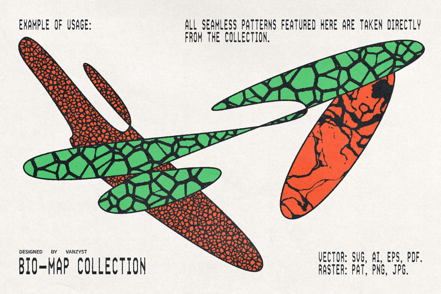 Stylized animal figures with contrasting red orange green seamless patterns