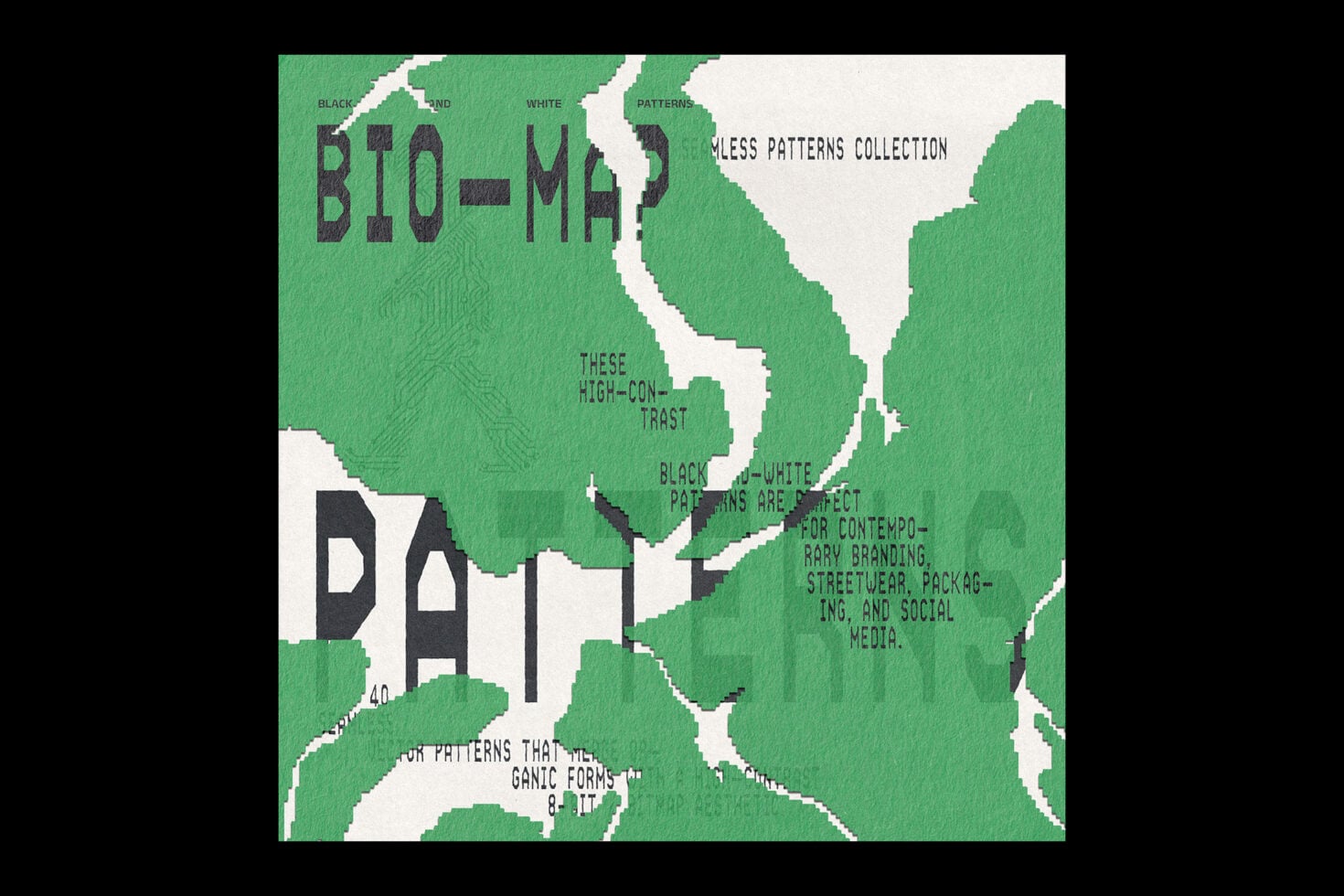 Green black white pixelated map design with geometric pattern layout