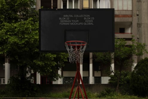 Red basketball hoop with chain net against black backboard displaying Brutal Collection text