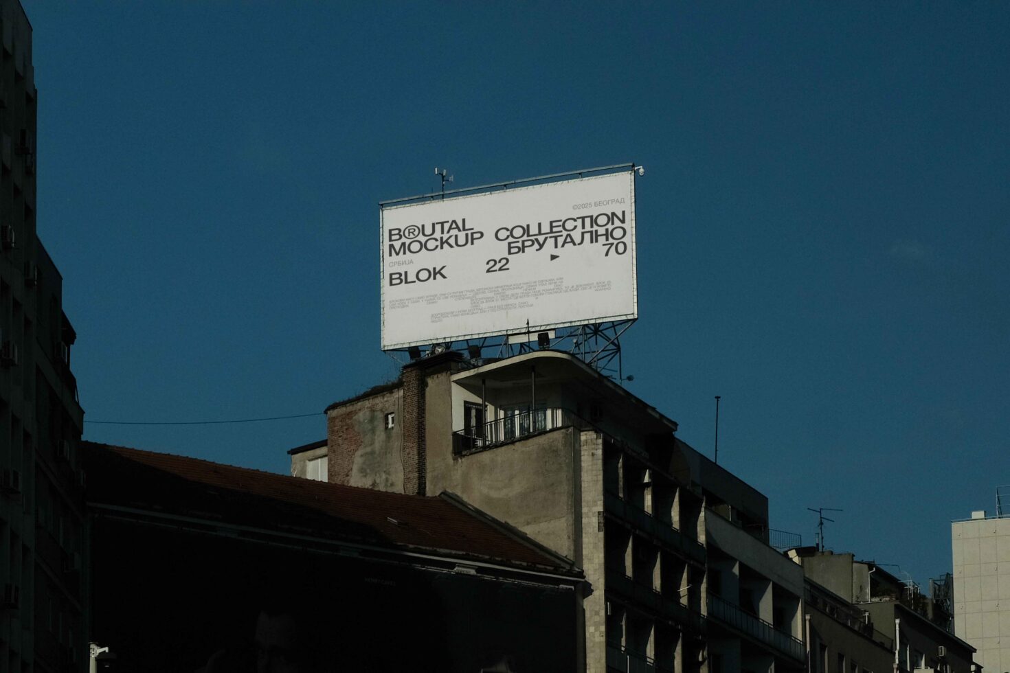Billboard mockup with light background showing Brutal Collection typography on Belgrade rooftop
