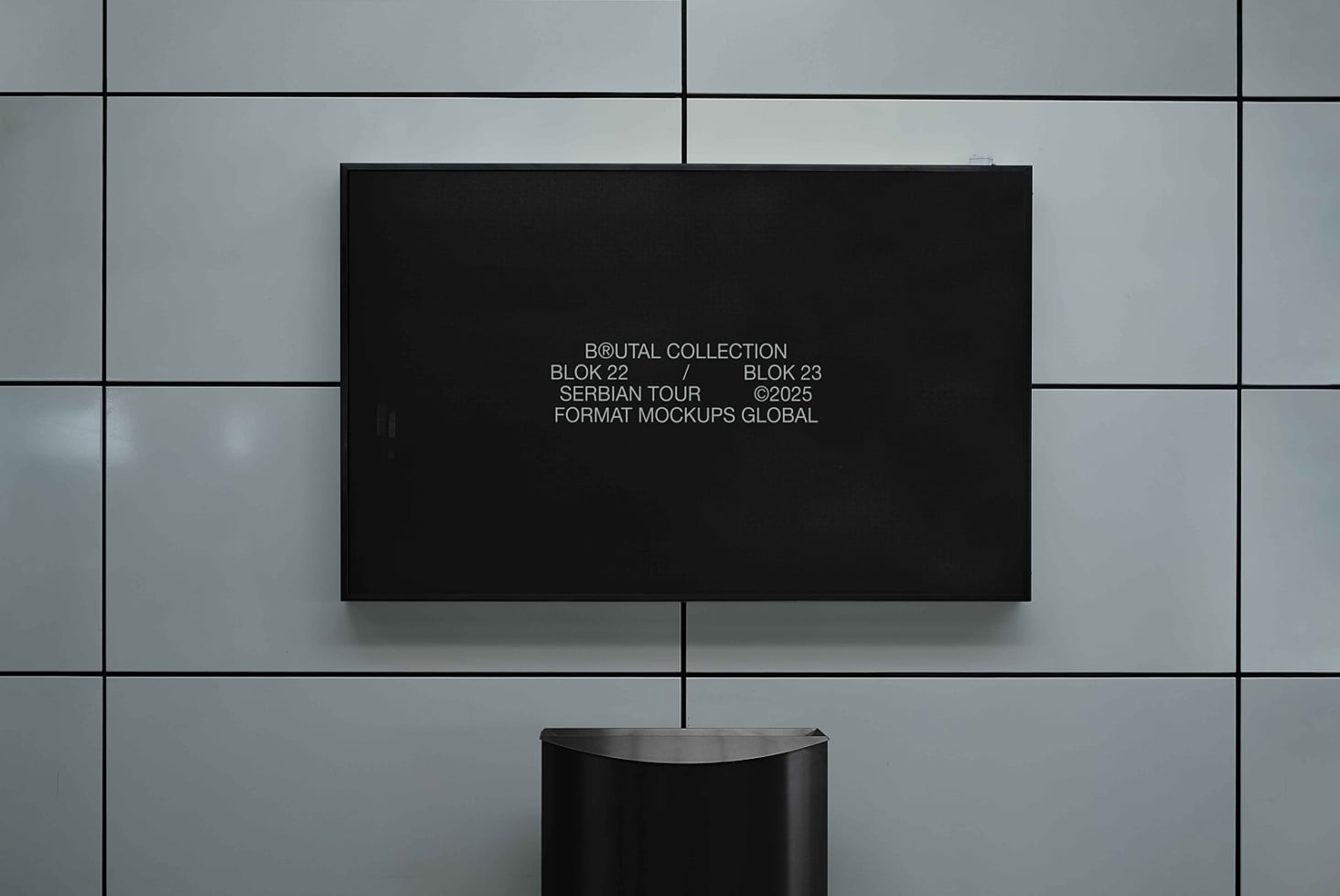 Black horizontal screen mockup on tile wall displaying Brutal Collection event info