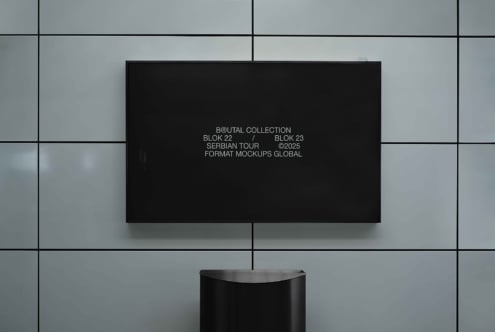 Black horizontal screen mockup on tile wall displaying Brutal Collection event info