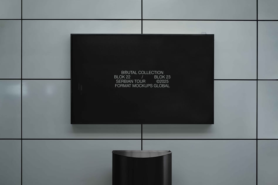 Black horizontal screen mockup on tile wall displaying Brutal Collection event info