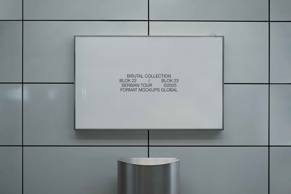 Horizontal screen mockup mounted on minimal tile wall showing Brutal Collection text