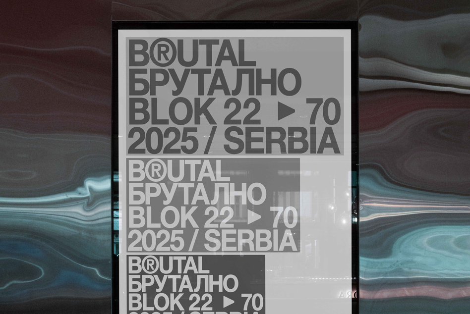 Large vertical poster mockup showing repeated Brutal event text on abstract backdrop