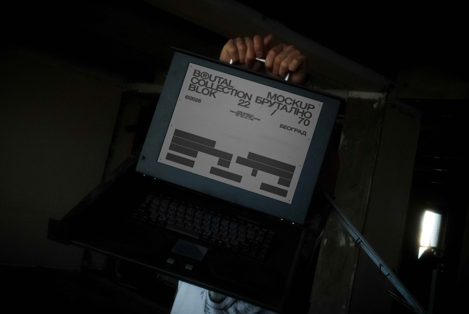 Laptop screen showing light background Brutal collection mockup with geometric shapes