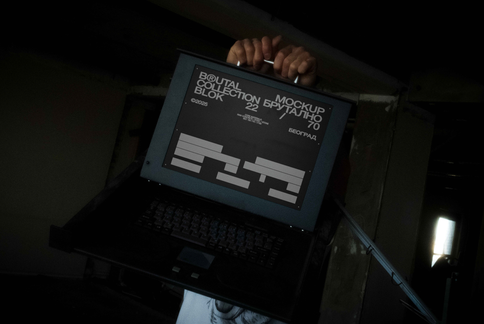 Laptop screen displaying Brutal collection mockup with geometric pattern at night