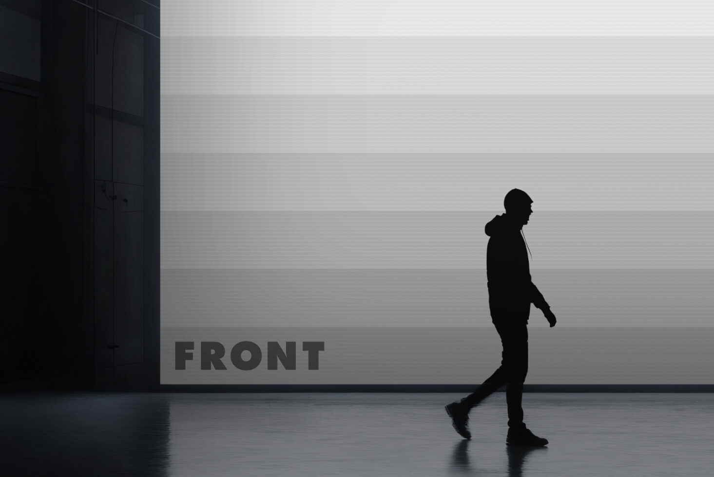Person jogging past large blank billboard in dark warehouse with horizontal lines
