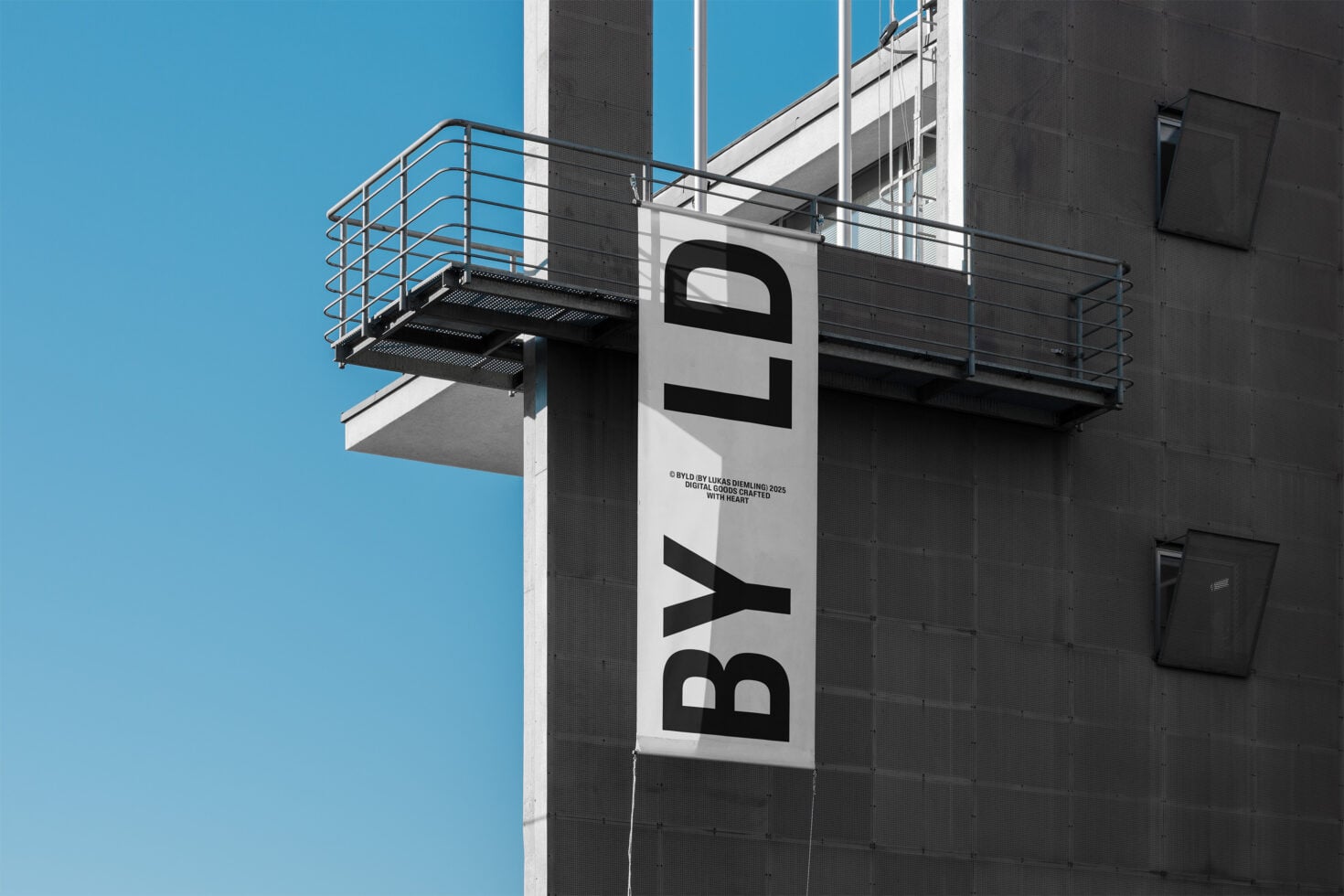 Black letter banner mockup hanging on modern building with stairs