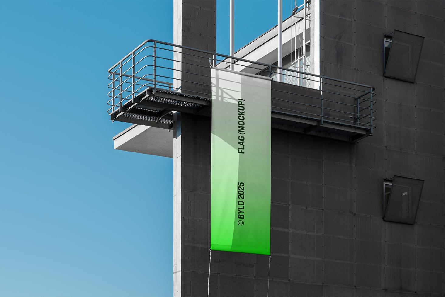 Vertical banner flag mockup in gradient green on modern building exterior