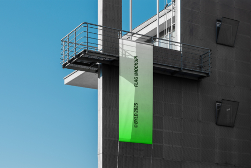 Vertical banner flag mockup in gradient green on modern building exterior