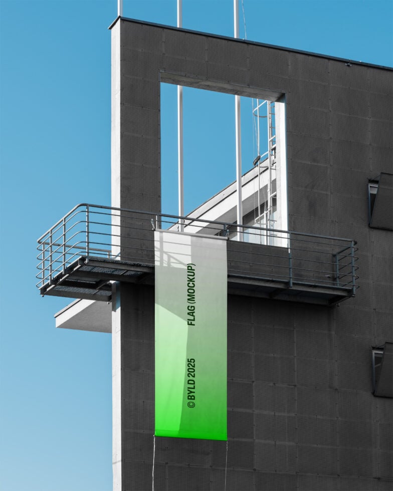 Gradient vertical banner mockup white to neon green on dark building facade