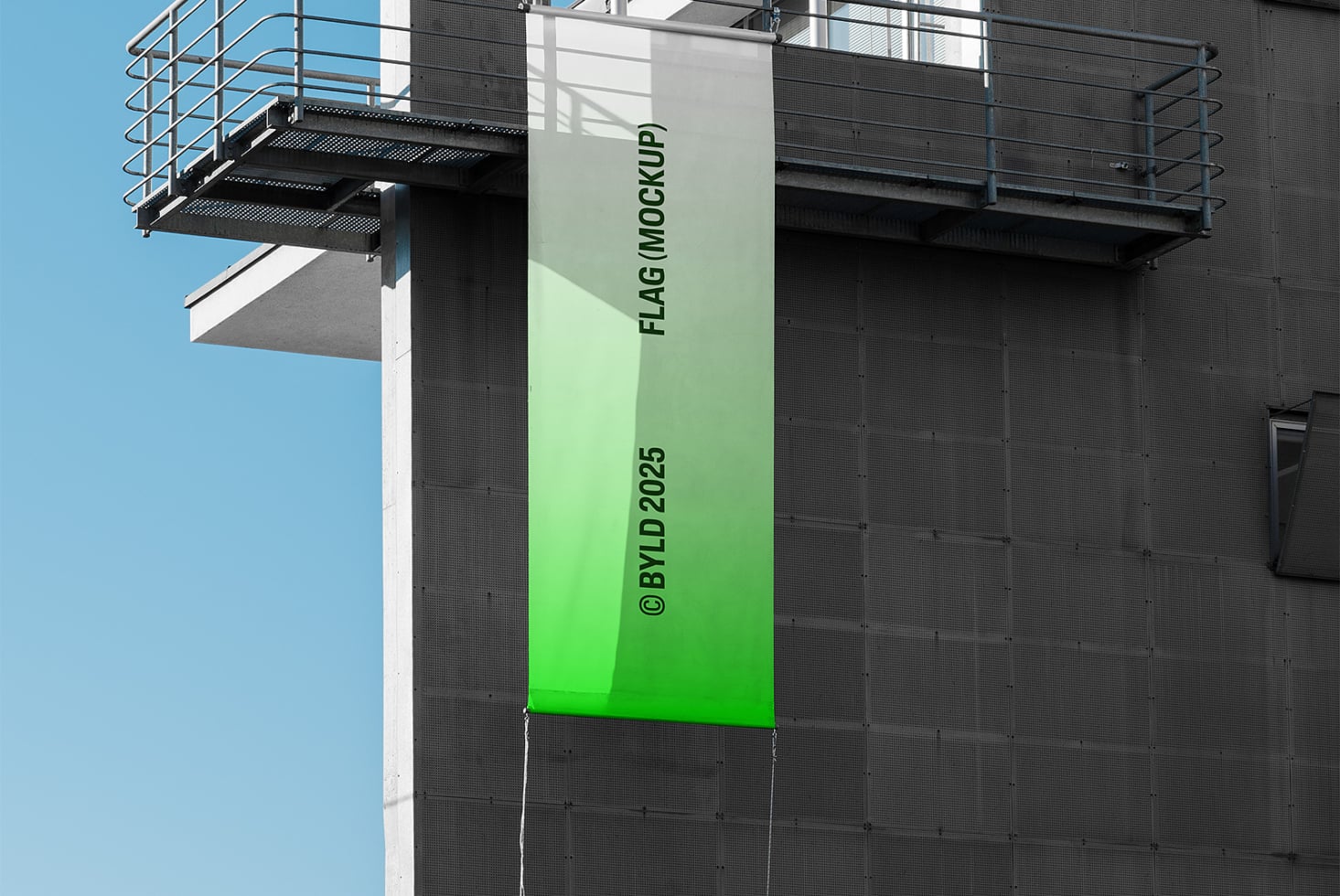 Gradient vertical flag mockup white to bright green on modern facade