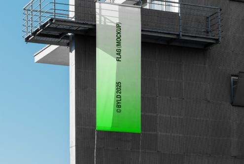Gradient vertical flag mockup white to bright green on modern facade
