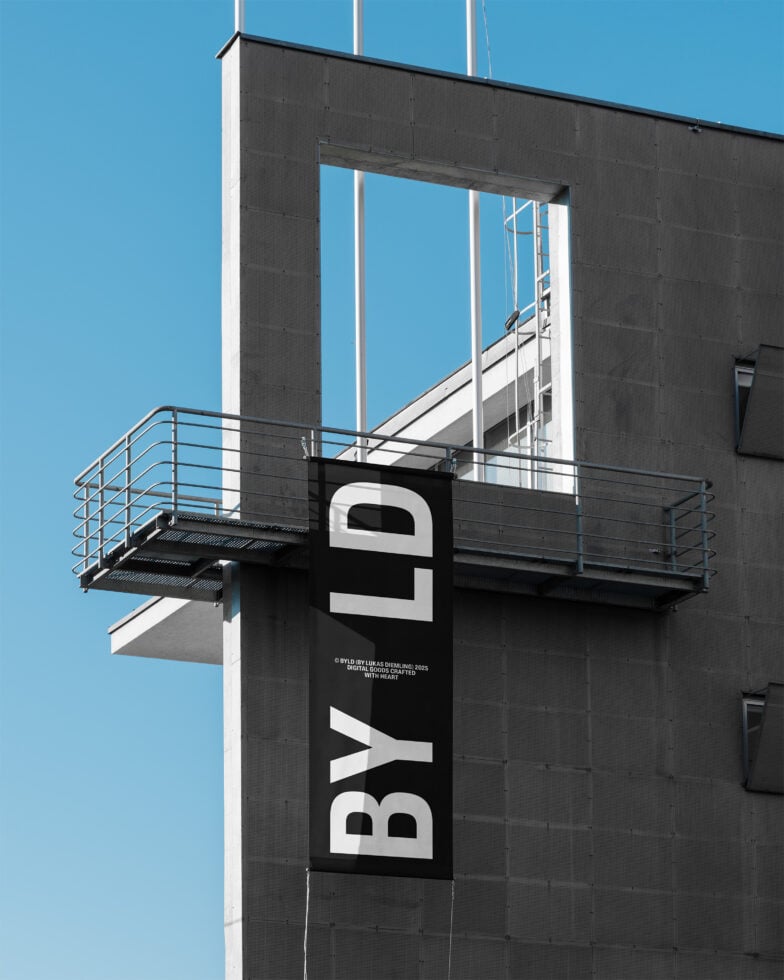 Vertical banner mockup on modern building facade with black background white text