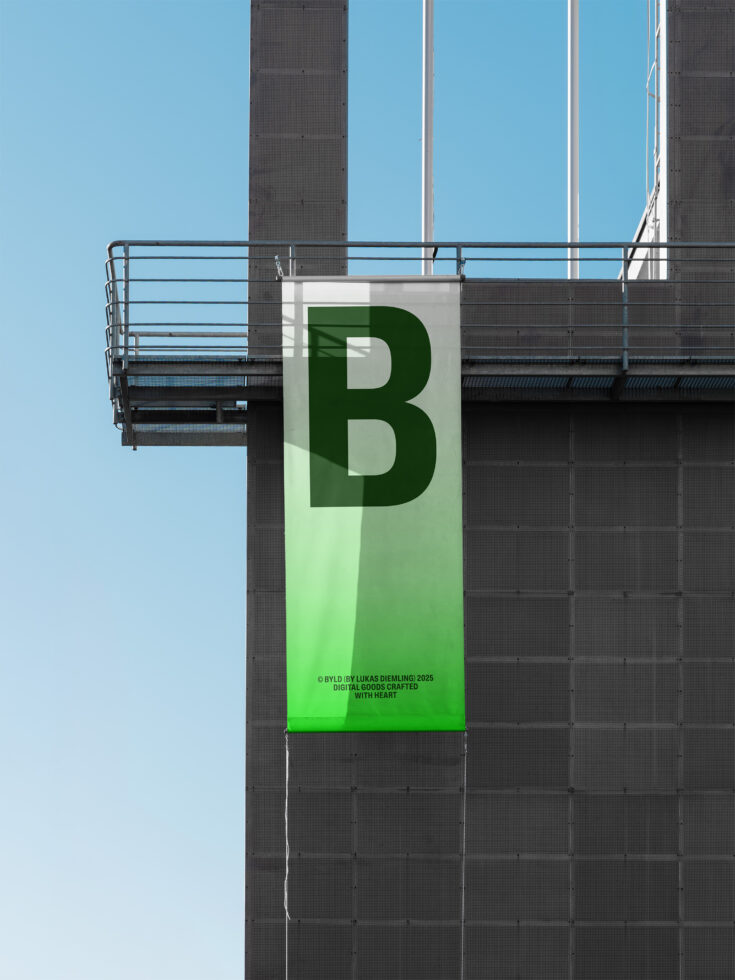 Green gradient banner with dark B letter on industrial architecture