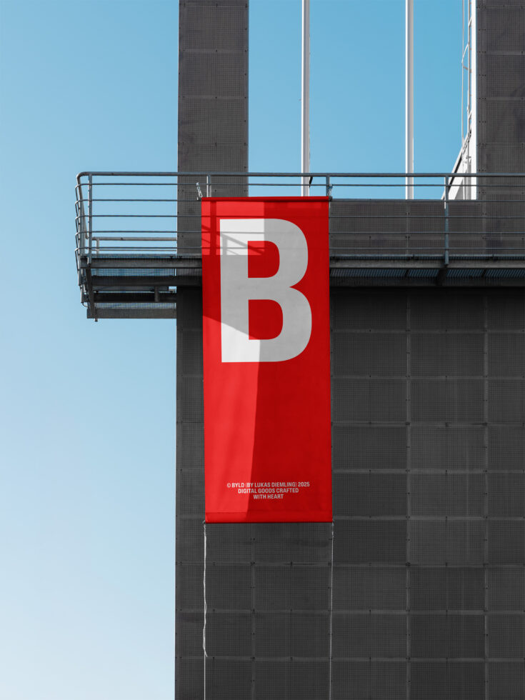 Red vertical banner with white B letter on concrete building facade