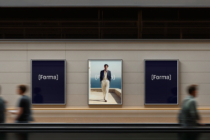 Three framed artworks centered on gallery wall with navy panels on sides, blurred figures below