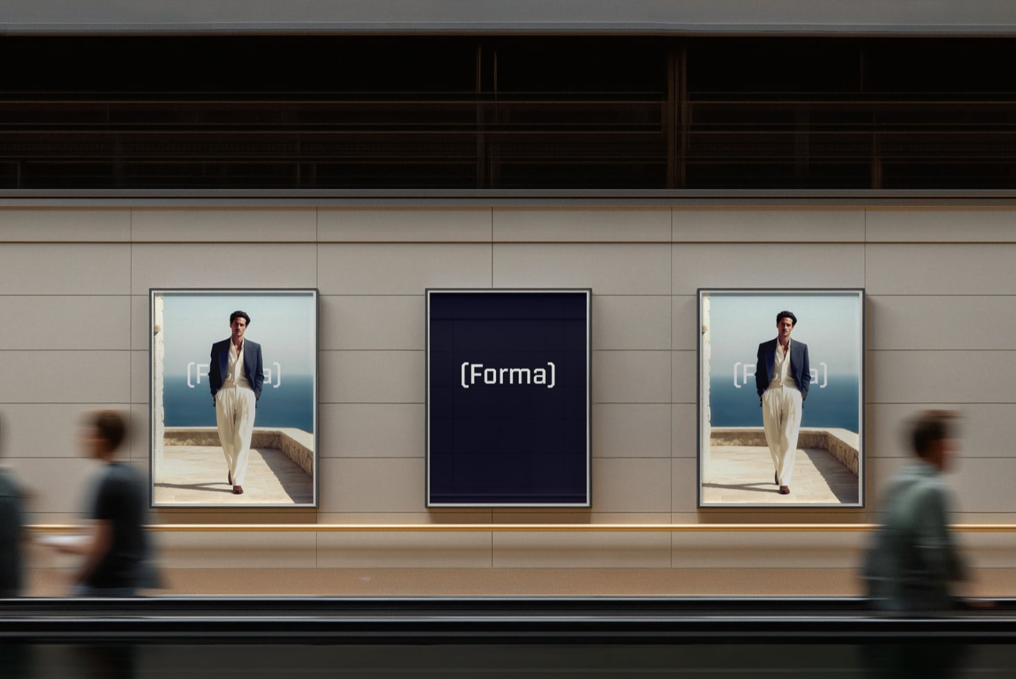 Three framed prints on gallery wall alternating between navy Forma posters, people walking by