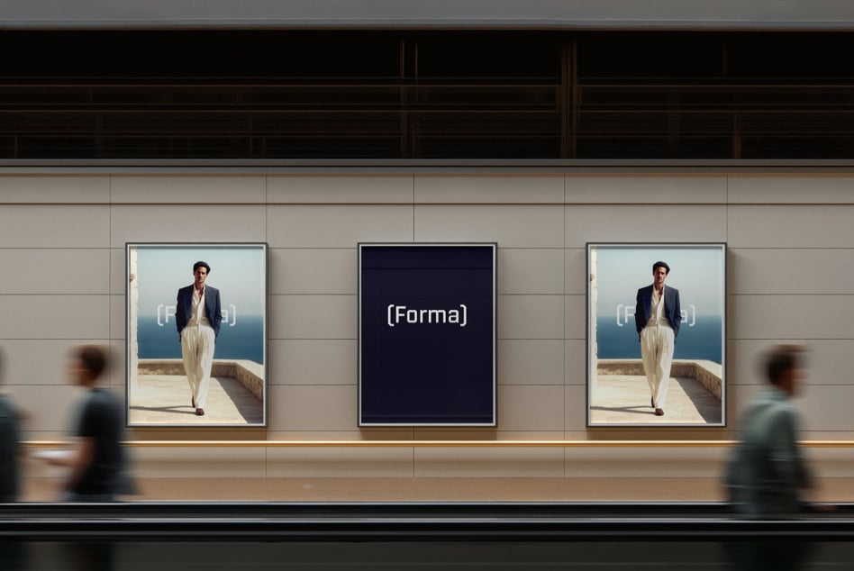Three framed prints on gallery wall alternating between navy Forma posters, people walking by